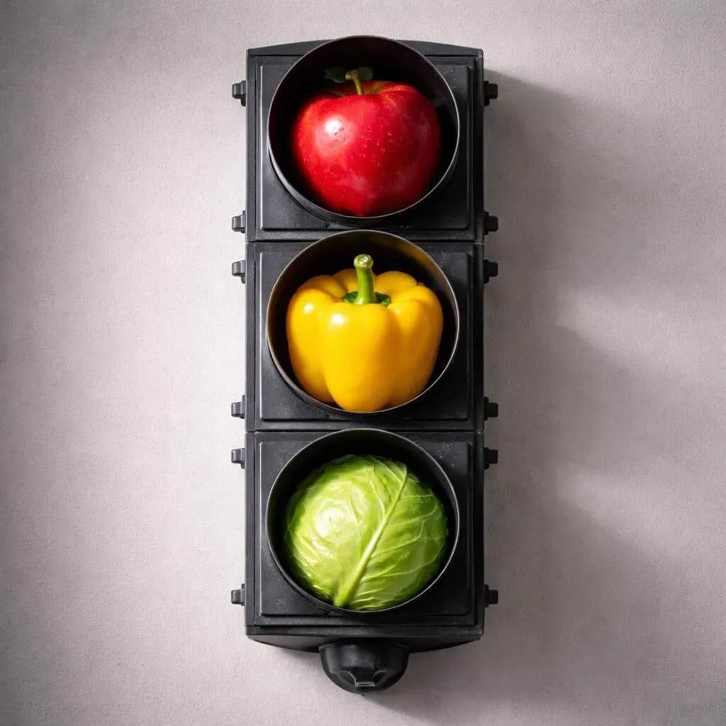 traffic light with vegetables and fruits instead of the colored lights